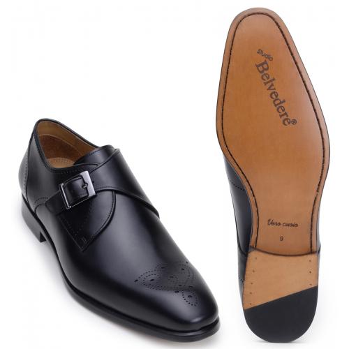 Belvedere "Giulio" Black Genuine Italian Leather Shoes With Buckle.